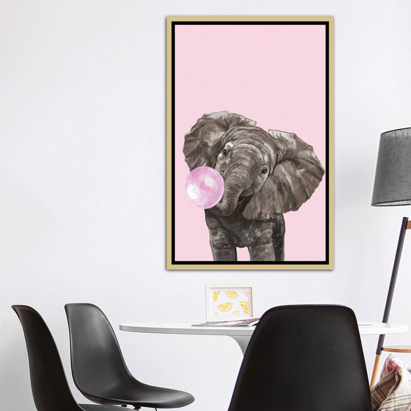 Art d’éléphant de gomme à bulles, H 60 po x l 40po x P 1,5 po, Toile encadrée d'or