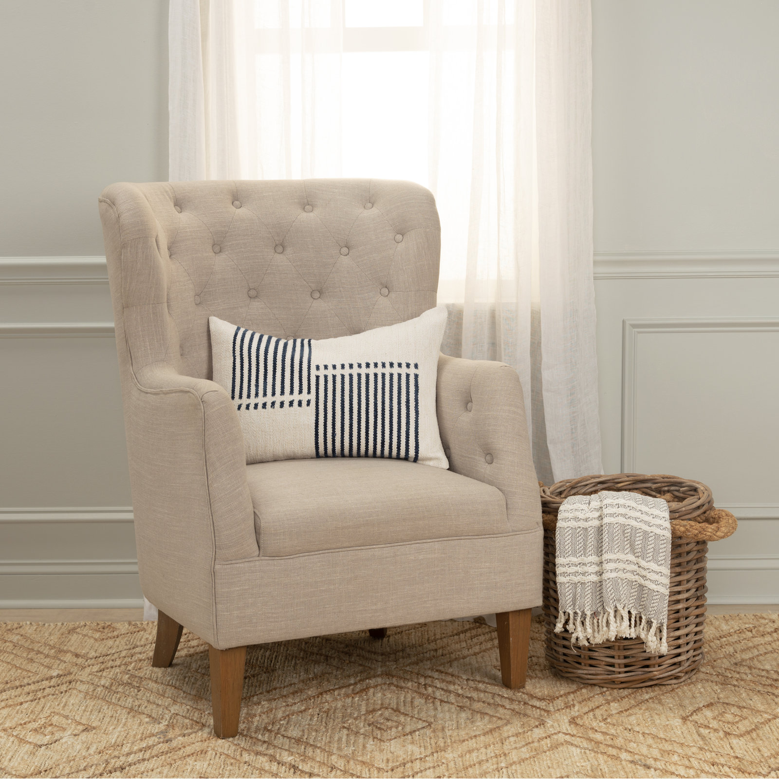 Carlus Striped Cotton Lumbar Throw Pillow, Natural/Blue