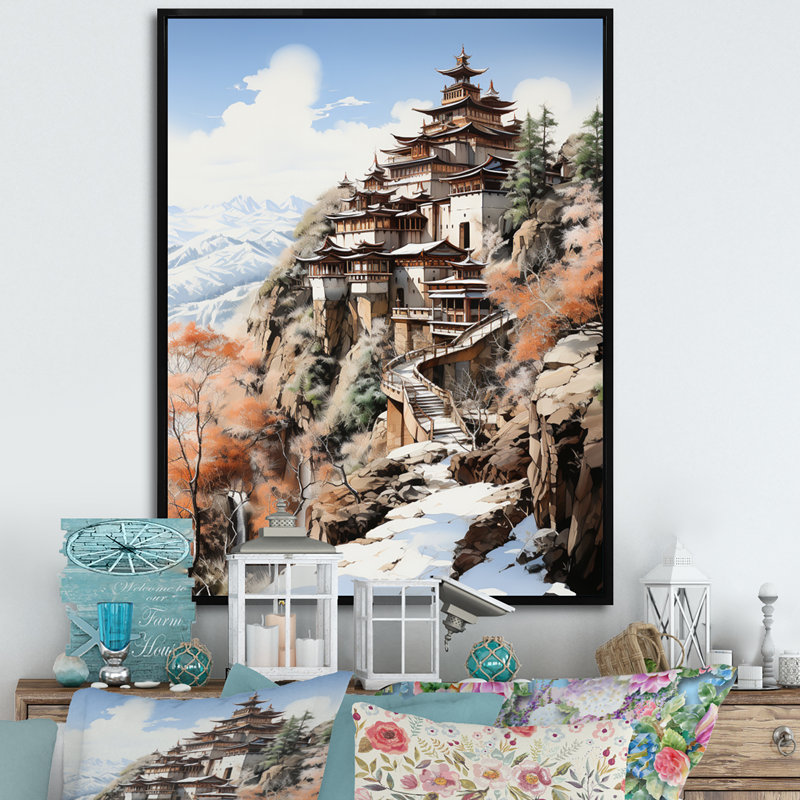 Art asiatique, monastère tibétain - reproduction d'art sur toile, H 40 po x l 30 po x P 1,5 po, Cadre flottant noir