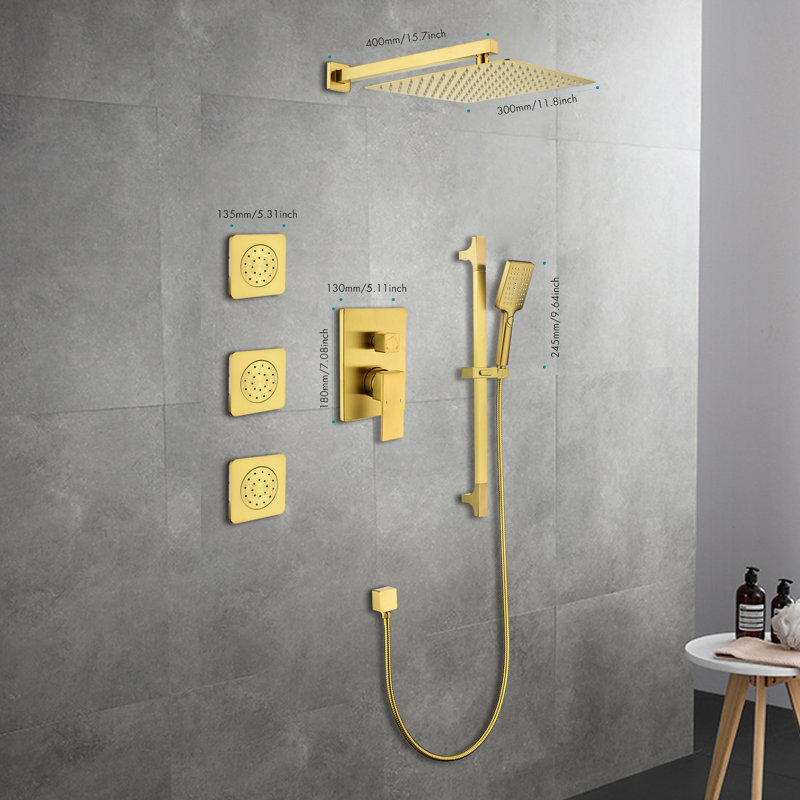 Gold Shower Assembly With Hand And Valve Trim: Natural Rainfall Head, Self-cleaning, 8.13 In Height, , Brass Trim & Lever Handles: Rain 17.48 Lb,