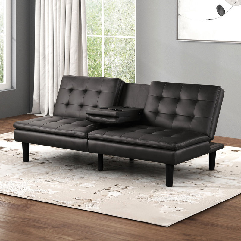 Contemporain, gris, futon, convertible en lit, capitonnage biscuit, table rabattable, siège et dossier de chargement A et C, chargeurs doubles