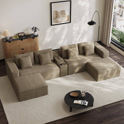 Canapé modulaire surdimensionné en velours côtelé avec console USB et porte-gobelets
