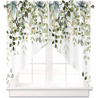 Rideaux à festons à motif de feuilles d'eucalyptus vert sauge (1 paire), rideaux pour salle de bain et chambre, motif aquarelle, parement de fenêtre