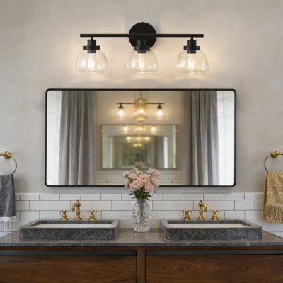 Modern 3-Light Vanity Light Fixture With Clear Glass Shades, 25 Inch Black Bathroom Wall Light For Mirror, Living Room, Hallway, Bedroom And Porch