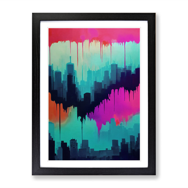Colourful City Skyline No.2 - Painting, 66cm H x 48cm W x 2cm D, Black Framed, White