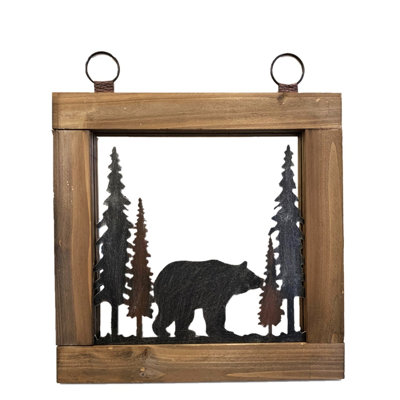 Wall Mirror Strolling Bear Woodland Metal Cutout MDF Wood Frame Rustic Cabin Decor 14 x 16.75 Inch