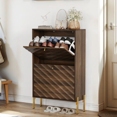 Freestanding 23.6 Inch Mid - Century Modern Walnut Shoe Cabinet For Entry, Two Drawers With Adjustable Partitions And Gold Hallway, Layers Metal Round Handles