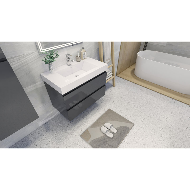Ensemble de meuble-lavabo mural simple 35 po Carneshia, Gris à haute brillance