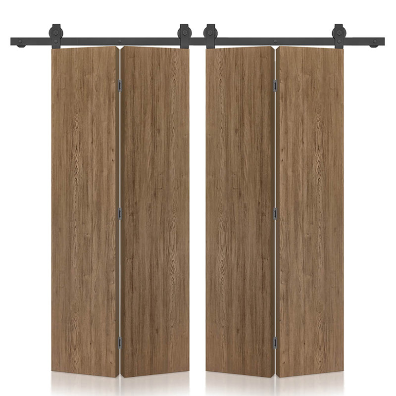 Hollow Core Walnut Composite Texture Double Bi-Fold Door with Sliding Barn Door Hardware Kit, 40" x 86", 2