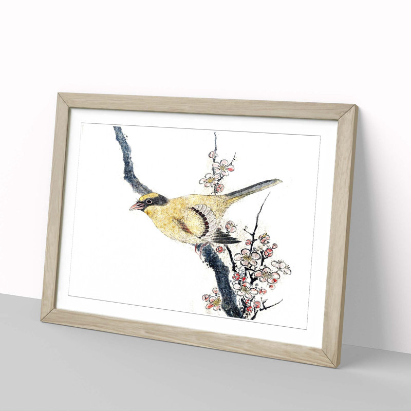 Bird on a Branch by Katsushika Hokusai - Picture Frame Painting Print, 48cm H x 65cm W x 2cm D, Oak Framed
