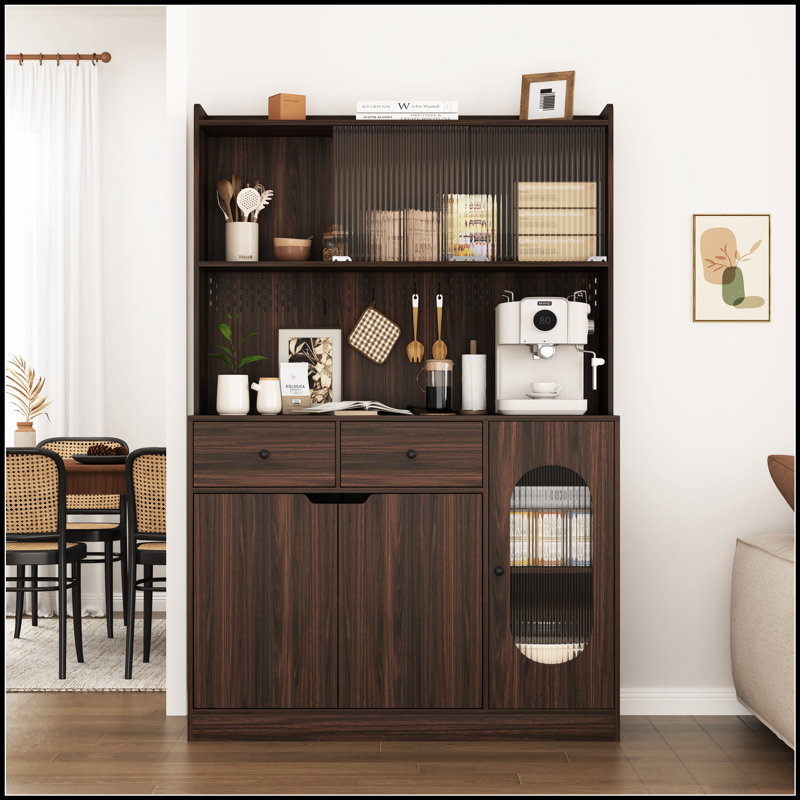 Armoire de rangement pour garde-manger de 71 pouces de hauteur avec portes en verre Reeded, support pour micro-ondes et tablettes de grande capacité pour des cuisines organisées et élégantes