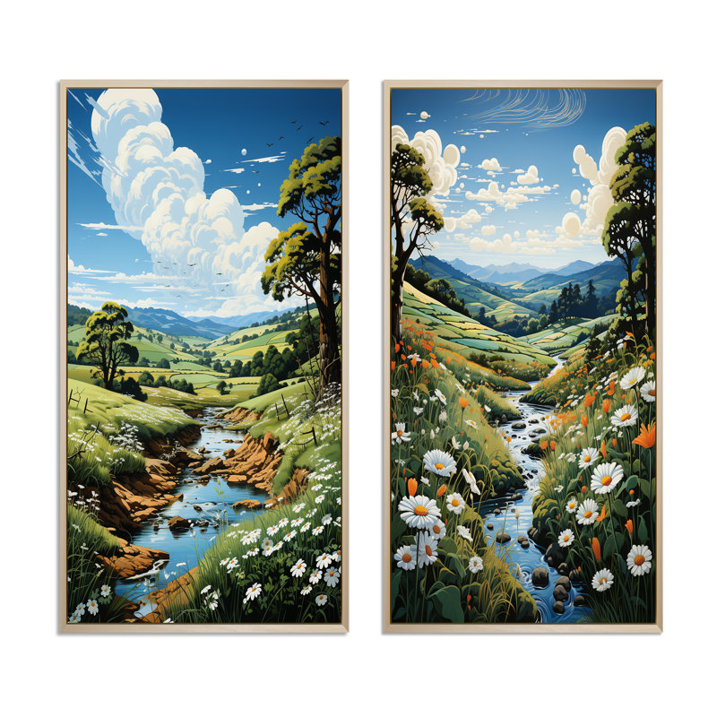 «Countryside River Bend», 2 pièces sur toile, Encadrement brun, H 32 po x l 32 po