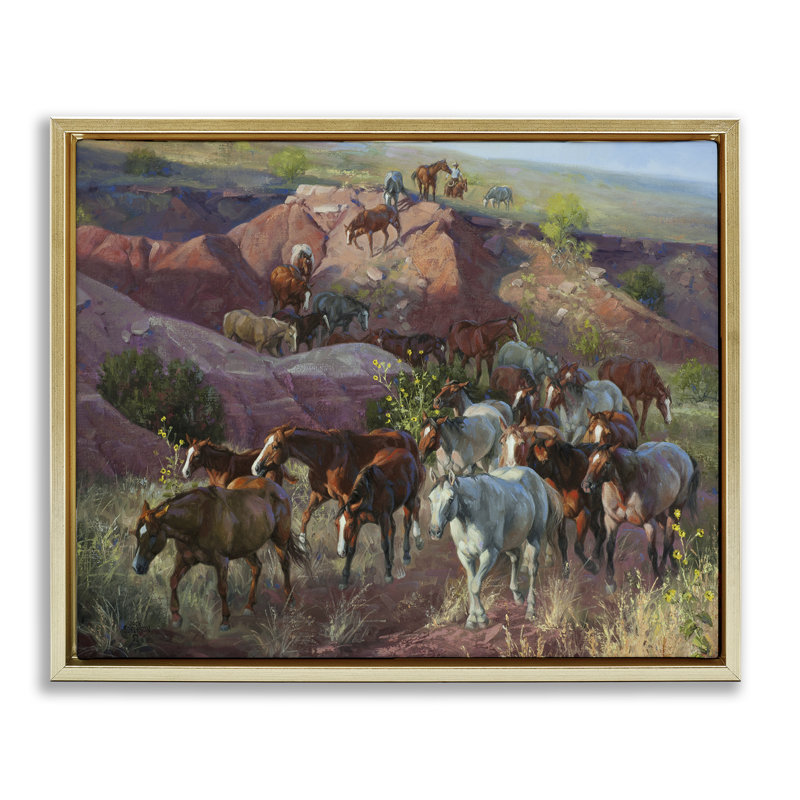 Toile de cheval à travers les falaises du désert, art mural par Jack Sorenson, H 25 po x l 31 po