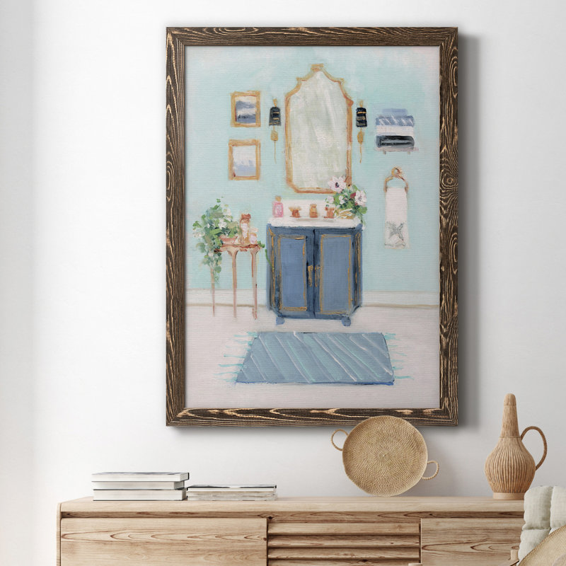 «Blue Bath II», peinture sur toile encadrée, H 31,5 po x l 23,5 po x P 1,5 po, Noyer