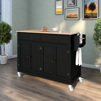 Kitchen Island Cart with 4 Door Cabinet, Drawers, Solid Wood Top, and Locking Wheels by Lark Manor
