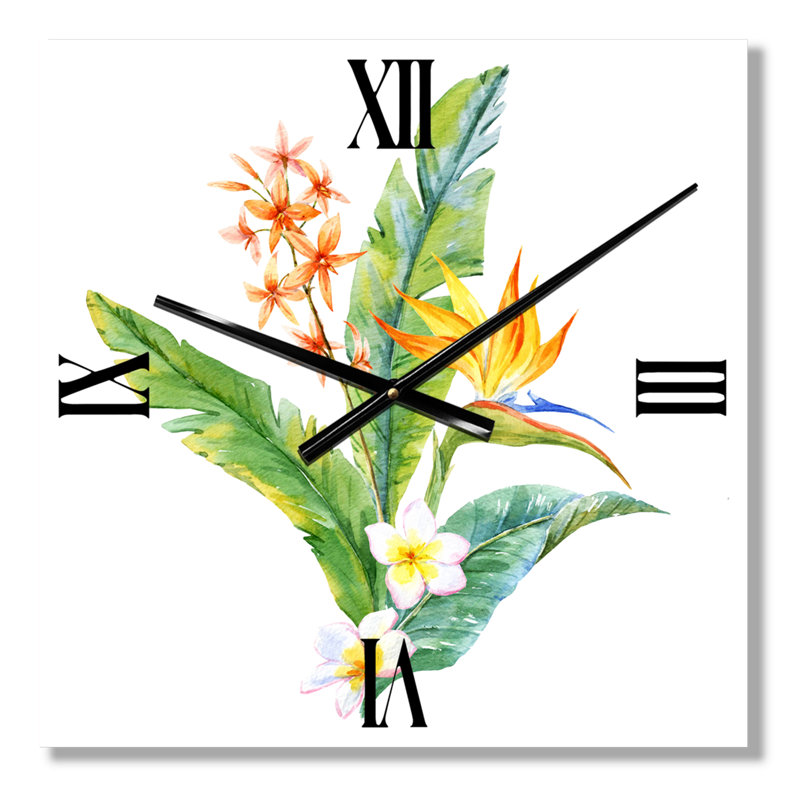 Horloge murale fleurs tropicales avec feuilles I, Petit