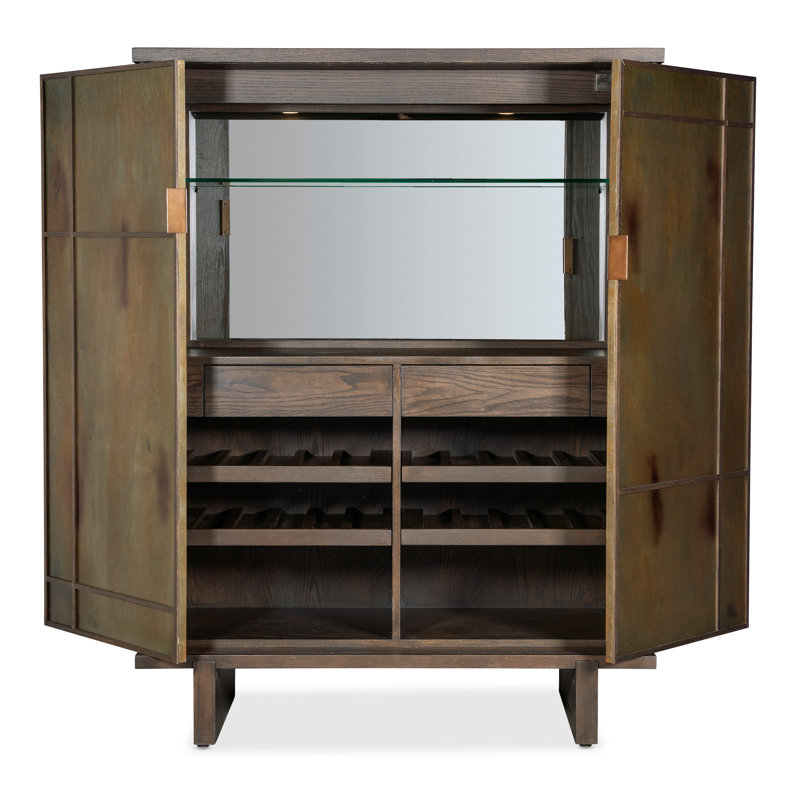 Oak and Metal Sliding Door Bar Cabinet with Glass Shelves