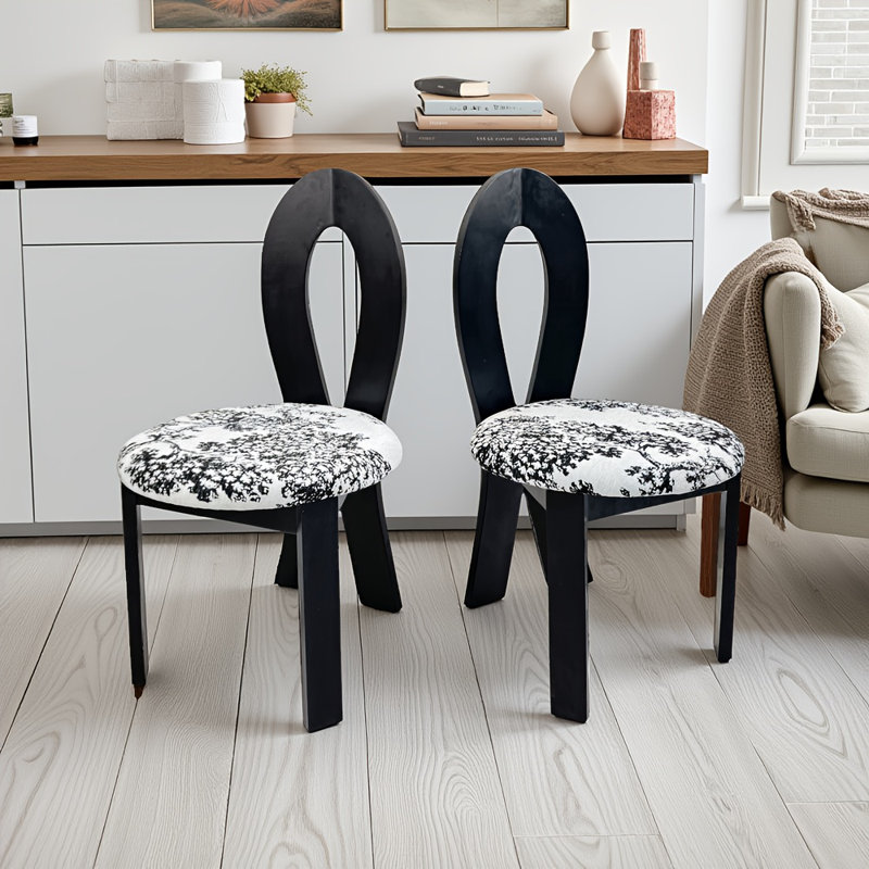 Ensemble de 2 chaises de salle à manger clés avec revêtement en lin, coussin rond et structure en bois massif - texture de grain de bois distinctif pour la cuisine et la salle à manger (noir)