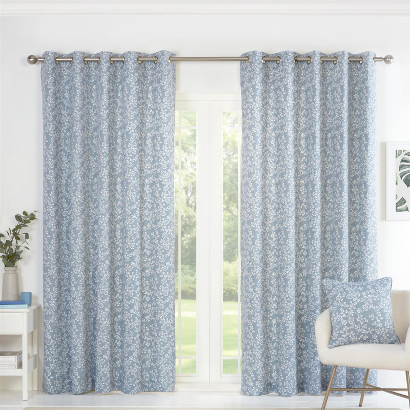 Sade Fully Lined Ready Made Floral Eyelet Curtains, Blue, 46cm Width x 90cm Drop