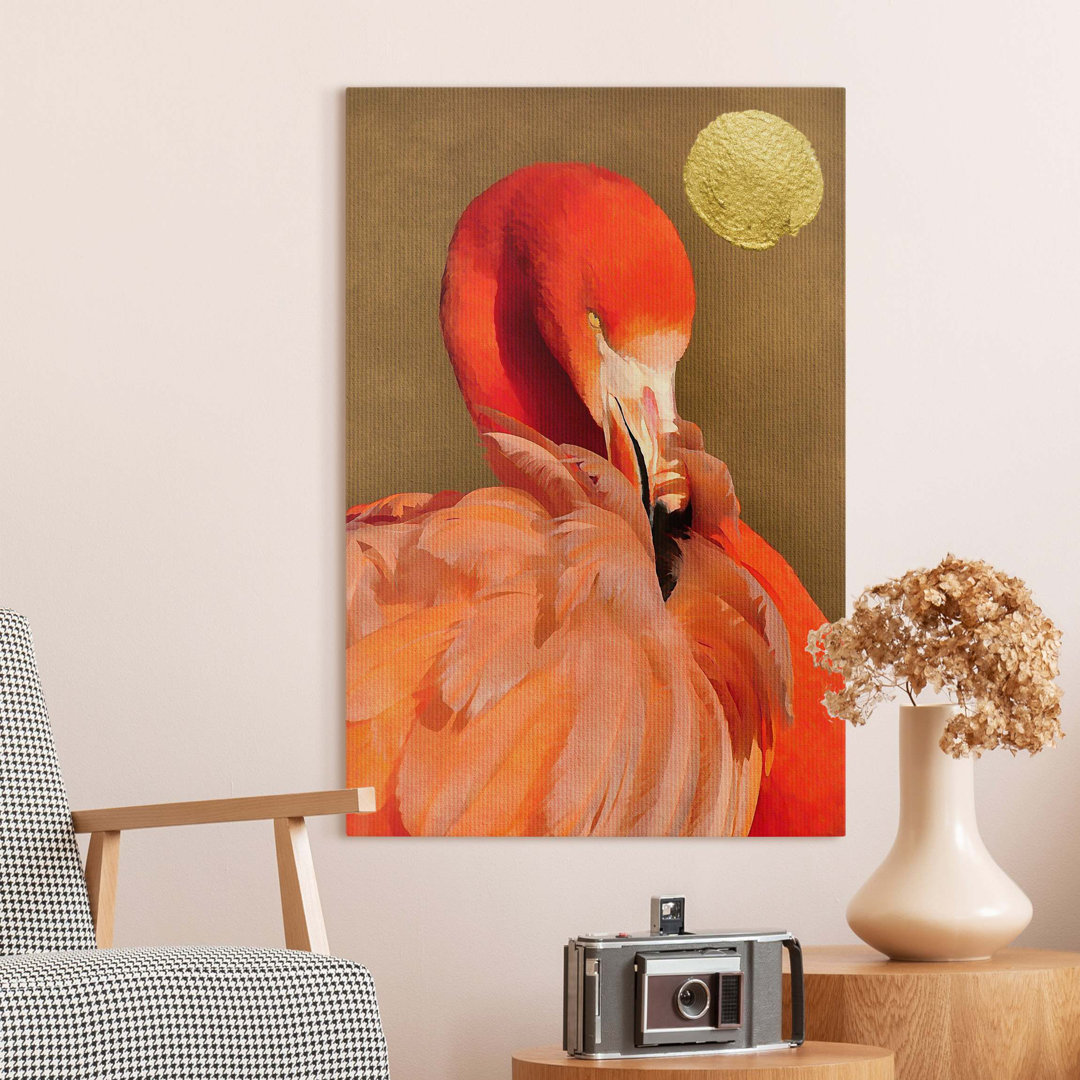 Leinwandbild Goldener Mond mit Flamingo