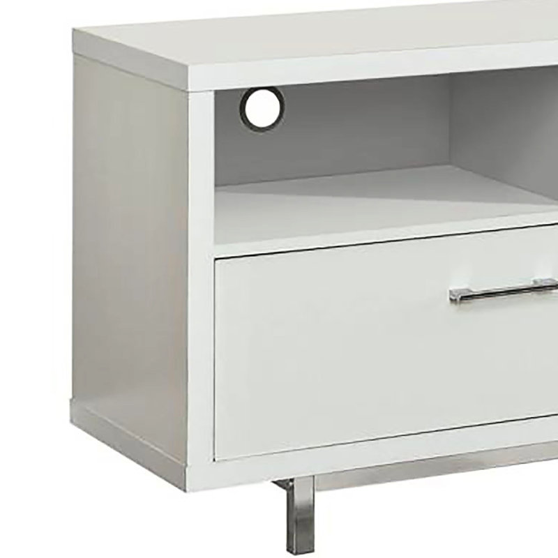 Élégante meuble télé blanc de 60 po avec 2 tiroirs inférieurs profonds et 3 tablettes ouvertes