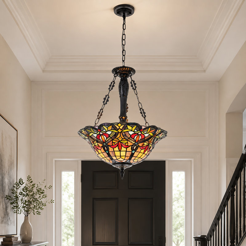 Luminaire suspendu pour vestibule coloré en verre coloré 3 lumières Horrocks Hiffocks 17 po