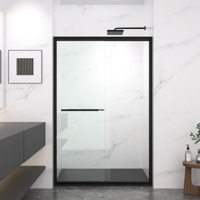 Double Sliding Shower Door With 8mm Clear Tempered Glass, Matte Black Aluminum Frame, Stainless Steel Handle, - Crash Angle, Mute Operation For Bathroom Finish, Protection, Reversible