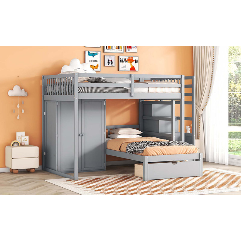 Full Over Twin Bunk Bed With Desk, Drawers And Shelves, Gray