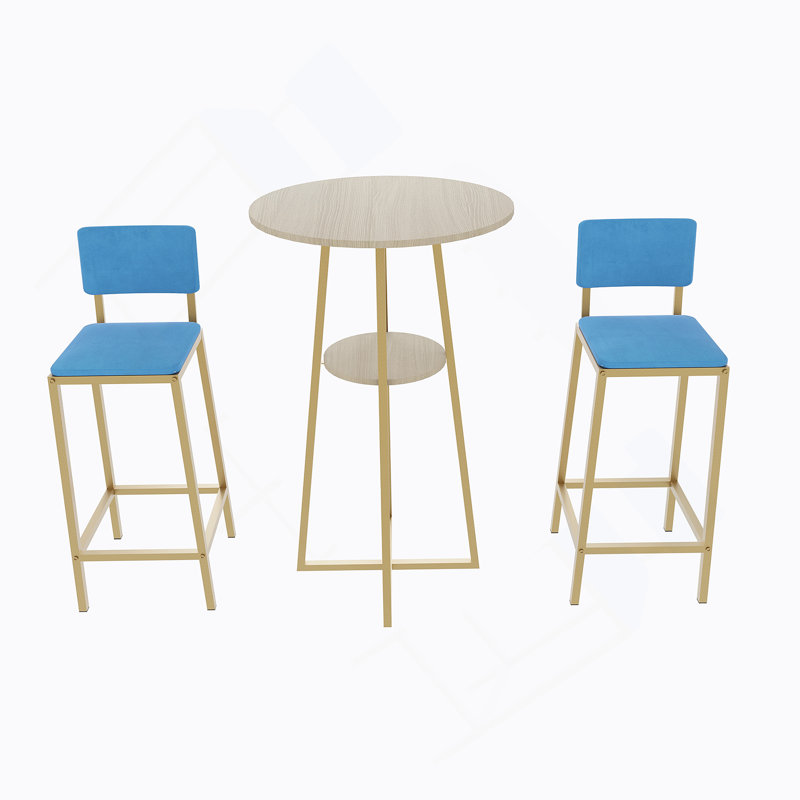 Ensemble de table et chaises de bar, ensemble de trois pièces, structure dorée, coussins et dossiers de siège en éponge, table de bar avec fonction de rangement (plateau de table doré + brun + coussin bleu)