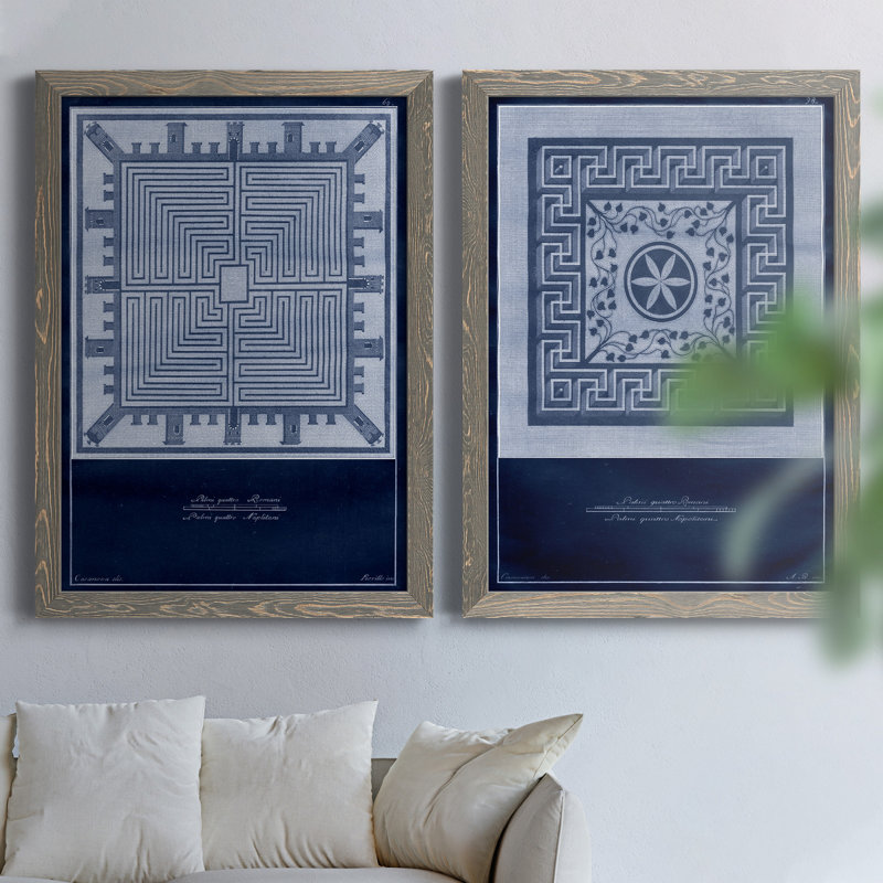 Indigo Tile I - ensemble de 2 reproductions d'art sur toiles, Toile avec cadre gris, H 31,5 po x l 47 po x P 1,5 po