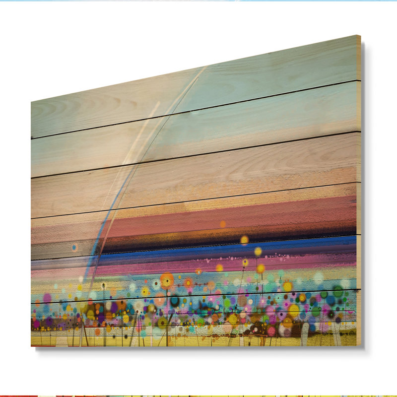 Abstrait champ d'été coloré - peinture sur bois sans cadre, H 16 po x l 32 po x P 1 po
