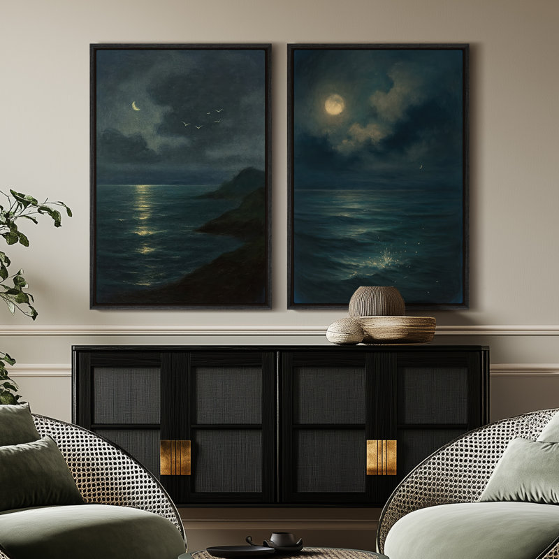 Art mural sur toile encadrée, impression de paysage marin au clair de lune pour chambre à coucher, H 24 po x l 16 po, Noir