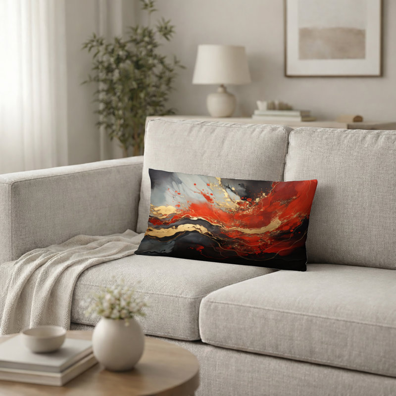 Coussin décoratif avec motif marbre rouge et or - Coussin imprimé abstrait, H 12 po x l 20 po