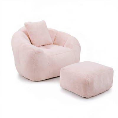 Giant Bean Bag Chair With Footstool, Oversized Faux Fur Shell-Shaped Chair For Adults And Kids, For Gaming And Reading