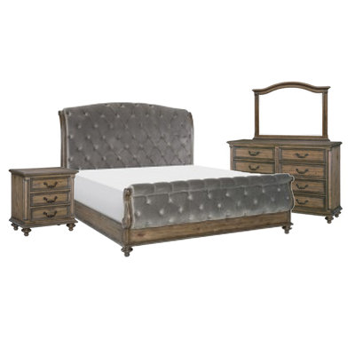 Ensemble de chambre à coucher grand lit 4 pièces Chantel, design traîneau en velours, bois patiné 