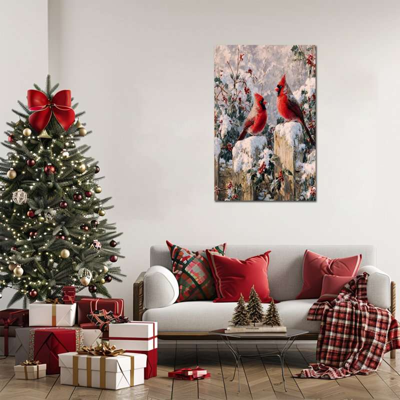 Grand art mural d'hiver Cardinal - décorations murales de Noël, art de Noël oiseau rétro, peintures murales sur toile des Fêtes pour le salon, impressions sur toile tendue encadrée, 32 po x 48 po