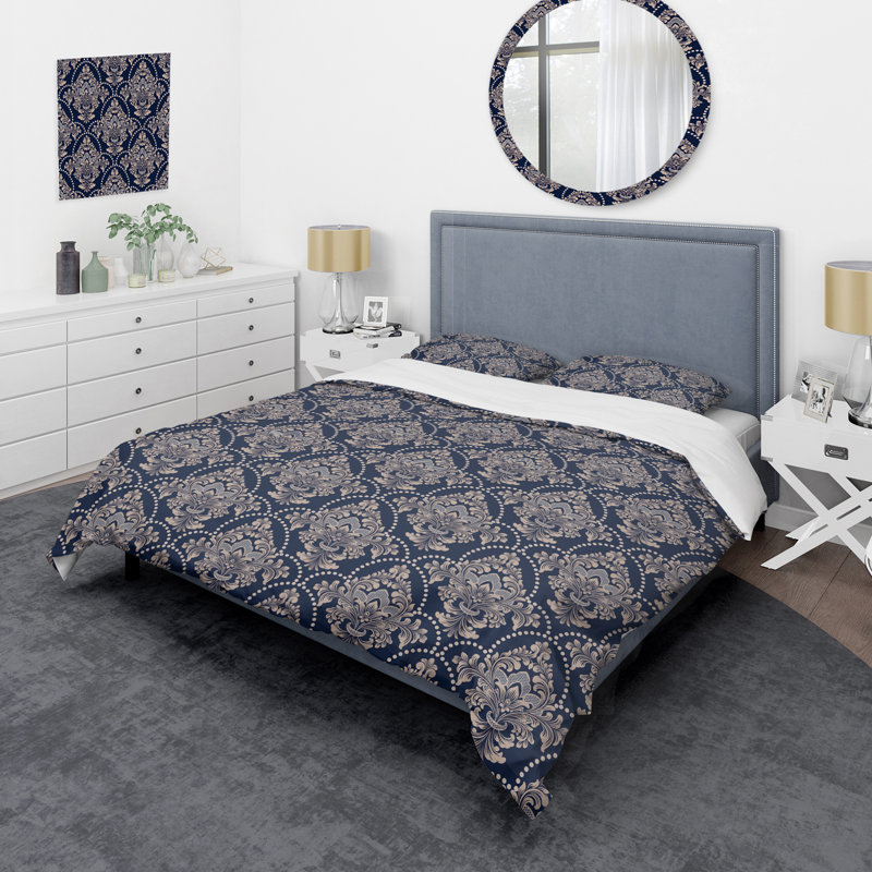 Blue Damask - Patterned Duvet Cover Set, Queen Duvet Cover + 2 Standard Shams