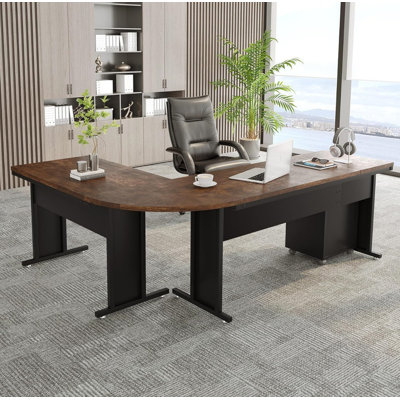 Bureau de direction en L de 83 po, grande table d'angle industrielle avec design réversible, classeur mobile à 3 tiroirs, poste de travail professionnel pour bureau à domicile, brun rustique et noir