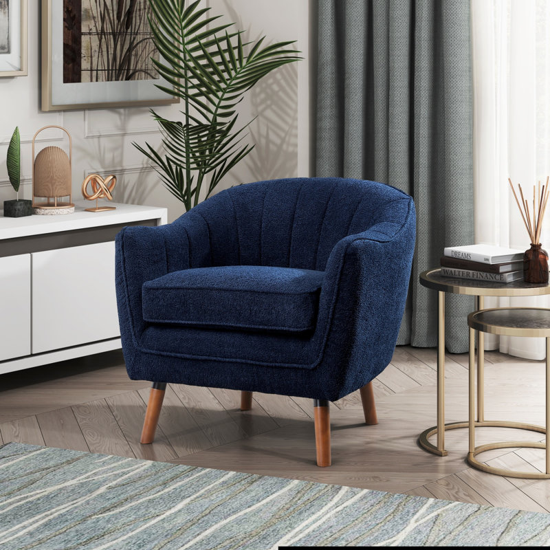 Mid-Century Modern Accent Chair 1Pc Chenille Fabric Upholstered Channel Stitched Back Brown Legs Solid Wood Furniture, Blue