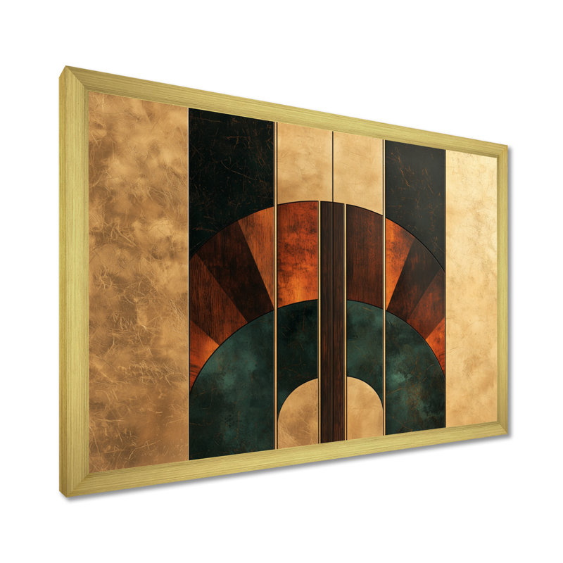 Formes géométriques essentielles noyer III - art abstrait Art déco, H 30 po x l 40 po, Cadre simple, Doré