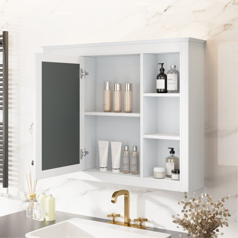 Armoire de rangement murale avec miroir et tablettes ouvertes, Blanc