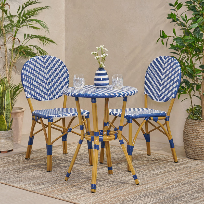 Ensemble bistro 3 pièces français d'extérieur bleu marine avec finition en bambou, Marine