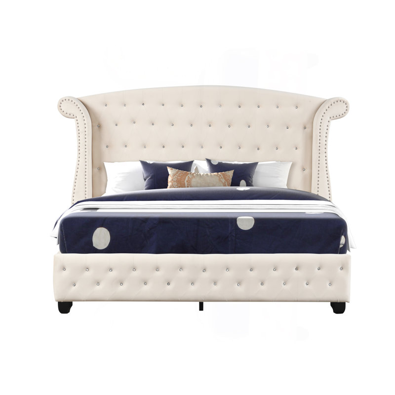 Lit double capitonné en cristal en bois crème
