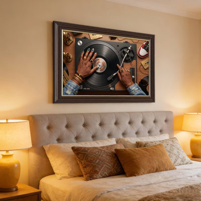 Art mural antique sur toile encadré doré pour le salon, la chambre à coucher, le bureau ou le vestibule - Décoration murale décorative avec tourne-disque en vinyle