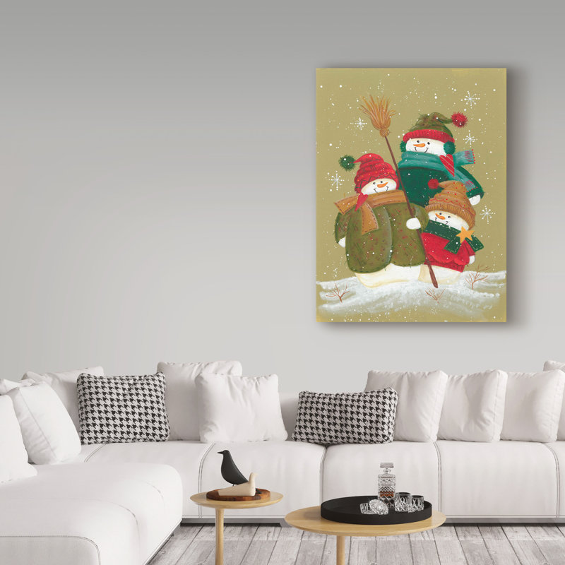 «Three Snowmen in jaquette», art sur toile, H 19 po x l 14 po x P 2 po
