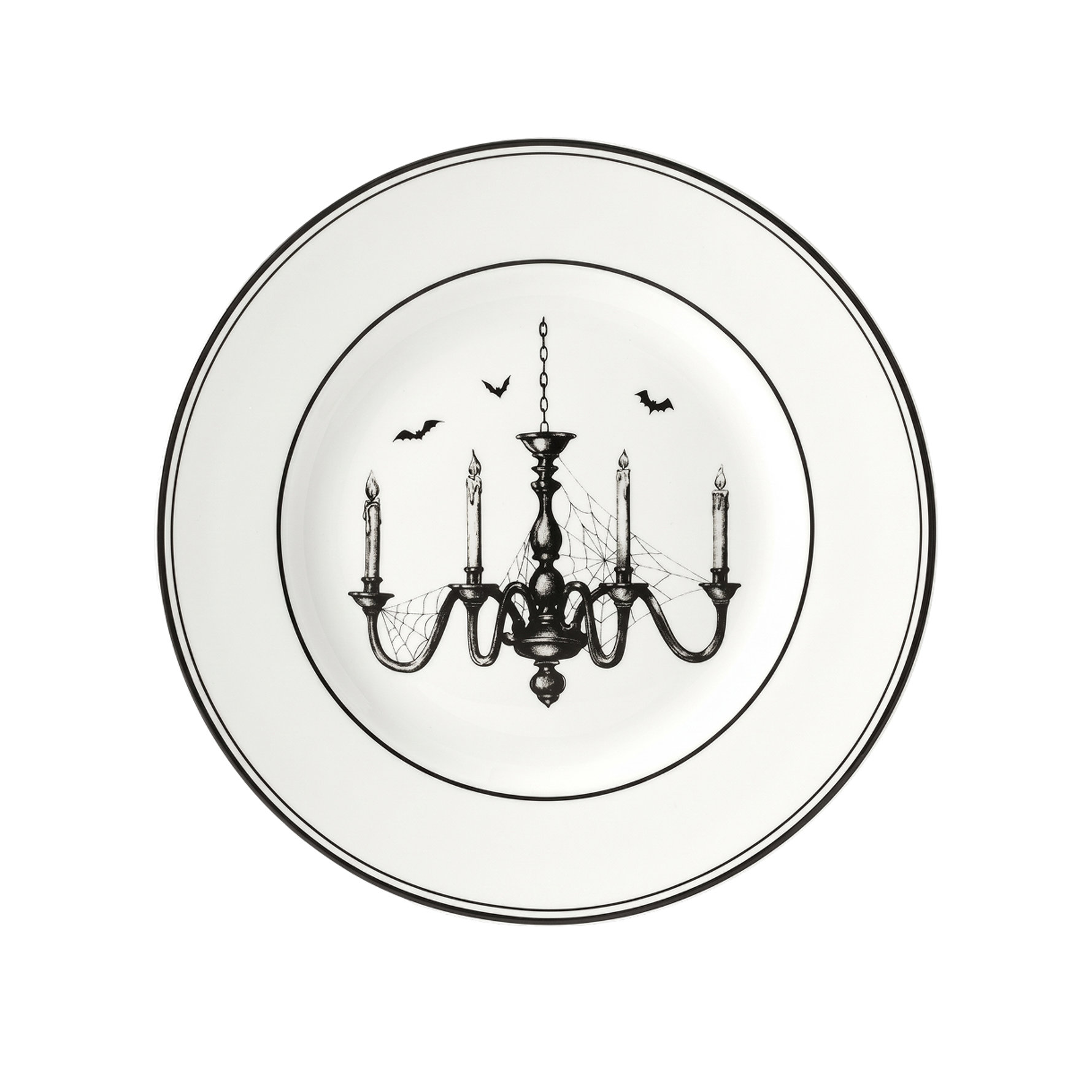 White salad plate with a black rim featuring a spooky, spiderweb-covered chandelier and flying bats in the center.