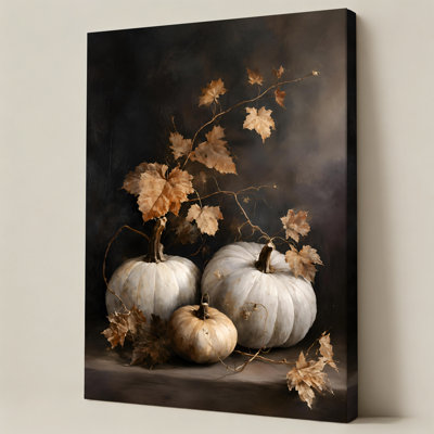 Citrouilles blanches et feuilles d'automne sombres, reproduction d'une peinture à l'huile sur toile tendue, 50 x 75 cm, prête à accrocher.