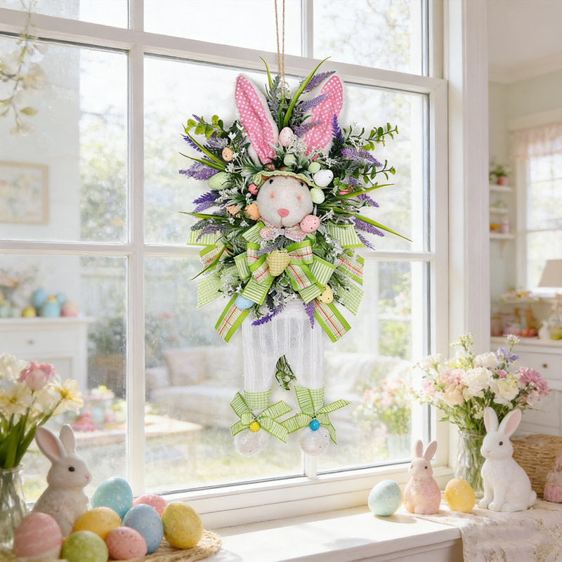 Couronne de lapin en forme d'œuf de Pâques lavande de 1 PC, couronne de fleurs artificielles en forme de lapin de Pâques avec œufs artificiels colorés et nœud de verdure pour porte d'entrée, décoration de fenêtre de maison de campagne de Pâques