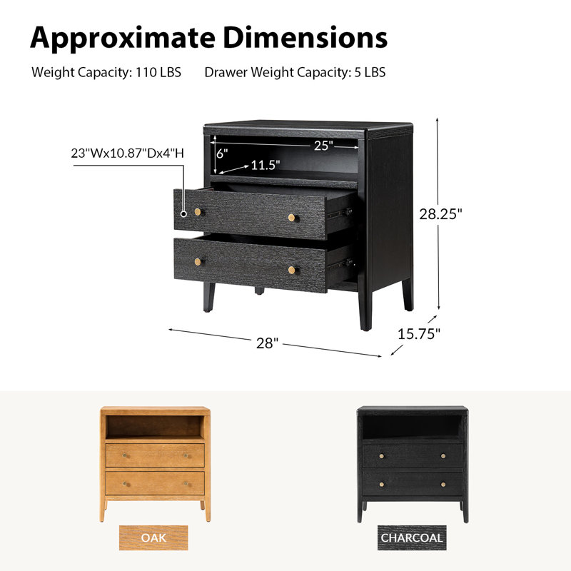 Shelli Modern 2-Drawer 28"W Solid Wood End Table with Built-in Power Outlet and USB Port (Set of 2), Charcoal
