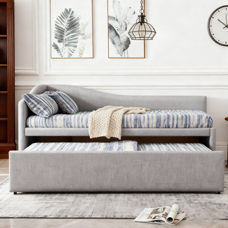 Upholstered L-Shaped Upholstered Daybed with Pop Up Trundle, Gray